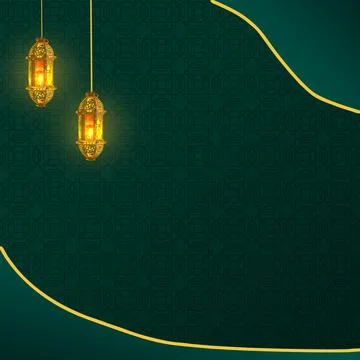 Dark green Islamic background featuring two glowing golden lanterns and an .. Foto stock