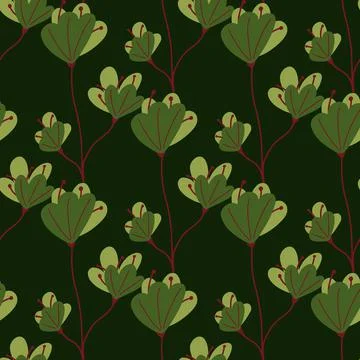 Dark green naive flowers elements seamless pattern in nature style. Botanical Stock Illustration