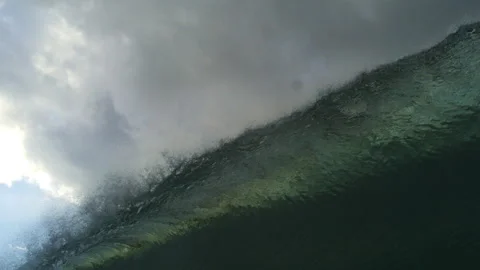 Dark Green Ocean Wave Rising Under Overcast Clouds and Spray Stock Footage 344381642