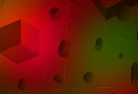 Dark Green, Red vector layout with 3D cubes, cylinders, spheres, rectangles. Illustrazione stock