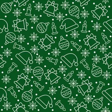 Dark green seamless pattern with outline santa hats, bells, candles and baubl Illustrazione stock