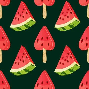 Dark green seamless pattern with red watermelon slices and heart popsicle Stock Illustration