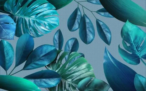 Dark green shiny exotic and palm leaves on gray textured background Stock Illustration