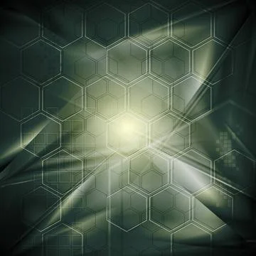 Dark green technology background. Hexagons and squares on the wavy backdro... Foto stock