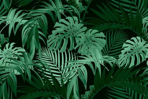 Dark green tropical pattern with palm leaves. Summer vector background or Illustrazione stock
