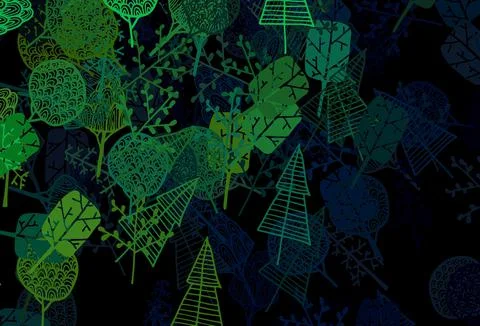 Dark Green vector doodle pattern with trees, branches. Illustrazione stock