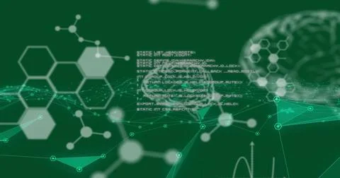 Dark green visualization showing hexagonal grids, molecular lines, code block 스톡 사진