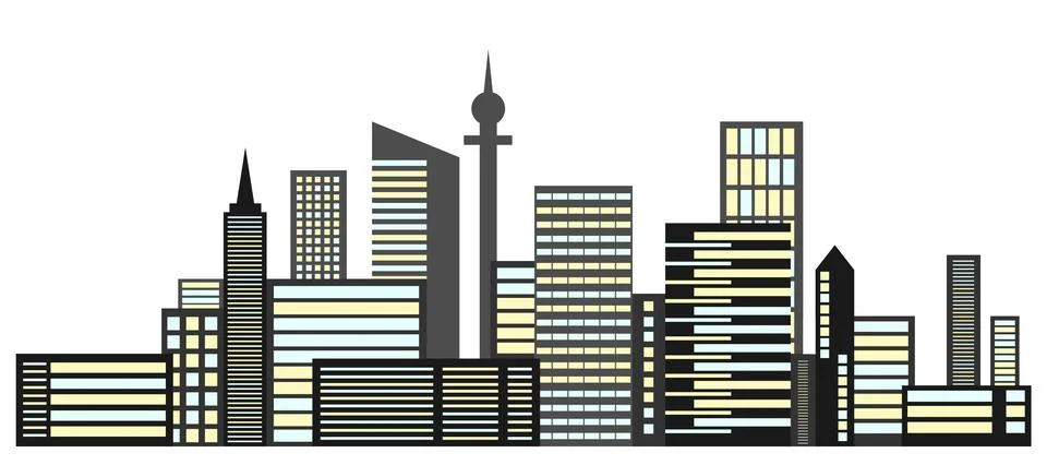 Dark grey city skyline vector illustration with yellow illuminated windows Ilustración de archivo