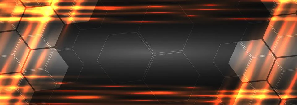 Dark grey futuristic technology hexagonal wide banner. Tech gray hexagon with Stock Illustration