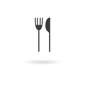 Dark grey icon for fork and knife on white background with shadow Stock Illustration