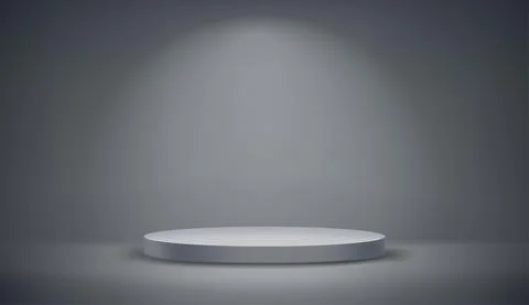 Dark grey illuminated studio with round pedestal. Realistic vector showcase Stock Illustration