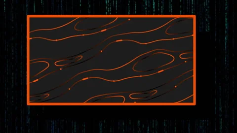 Dark grey panel glowing in scene, displaying orange wavy lines and teal code Stock Footage 307885328