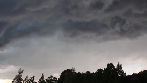 Dark grey storm clouds swrling above trees 库存影片 82497798