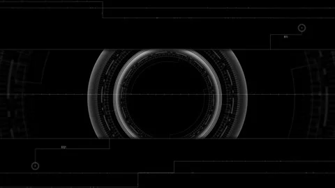 Dark grey tech scanner visual circular data rings, horizontal interface lines, a Stock Footage 340570873