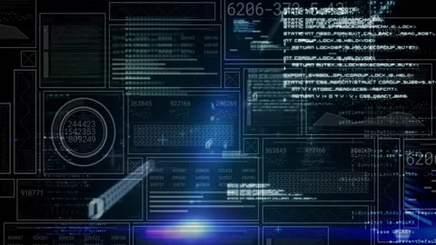 Dark grid activating, numeric clusters filling data panel, code windows Stock Footage 312481297
