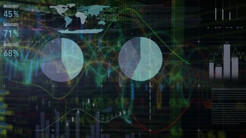 Dark grid appearing data HUD forming with pies rotating, bars rising, table Stock Footage 332544963