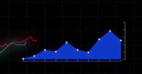 On dark grid background, blue line graph image showing upward trend Stock Illustration