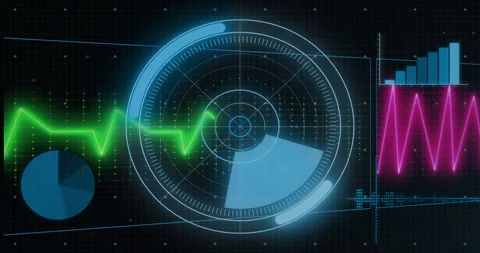 On dark grid code fading, pie appearing as radar rotating, waveform crossing Stock Footage 315802450
