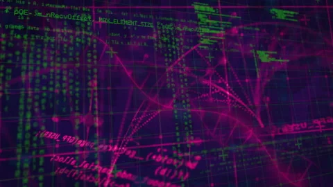 Dark grid emerging magenta lines and nodes, pulsing and scrolling green code Stock Footage 311584686