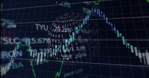 Dark grid fading in binary globe rotating candlestick chart rising blue line Stock Footage 310864721