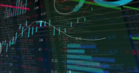 Dark grid filling frame, dashboard animating charts, curves, code, pie and bars, Stock Footage 317206939