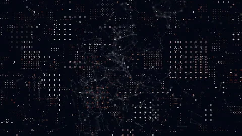 Dark grid flickering particles initiating glowing network pulses with red nodes Stock Footage 311084806