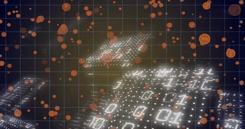 Dark grid glowing initiating orange leaves spiraling platforms displaying binary Stock Footage 328595643