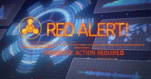 Dark grid interface loading spinning hazard logo text morphing into RED ALERT Stock Footage 312655366