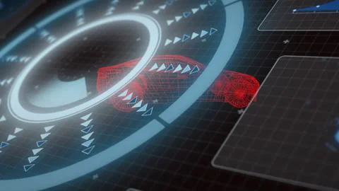 Dark grid loading rotating ring scanning arrows while 3D car model fading and Stock Footage 313618674