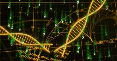 Dark grid opening and golden helix emerging, binary code cascading dotted arcs Stock Footage 317264892
