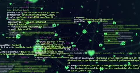 Dark grid opening HTML and JS code as neon-green icons linking and pulsing to Stock Footage 313308266