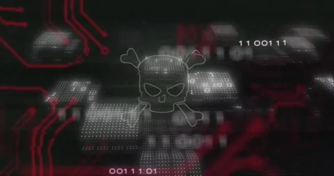 Dark grid opening red circuits sliding and binary streaming skull fading Stock Footage 316623823