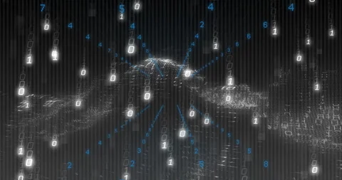 Dark grid opening sending digits cascading as mesh terrain rising to digital Stock Footage 312361372