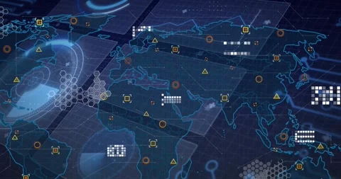 Dark grid plane loading, global map shifting with panels sliding, icons Stock Footage 321782753