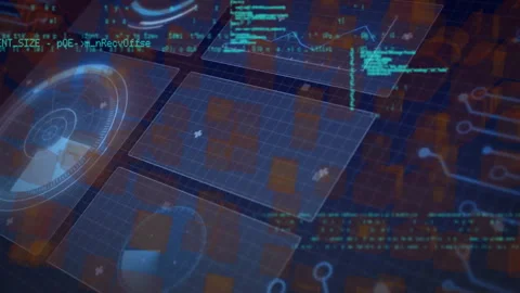 Dark grid plane opening starting turquoise code scrolling across 3D panels Stock Footage 311584683
