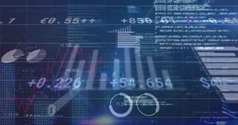 Dark grid showing data lines and code, shifting charts and updating gauges for Stock Footage 310298399