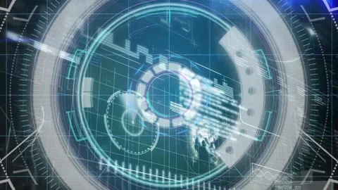 Dark grid showing rings rotating with scanning beam sweeping causing code panels Stock Footage 317115819