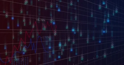Dark grid starting binary cascade, dash showing falling 0s or 1s, trends Stock Footage 329946299
