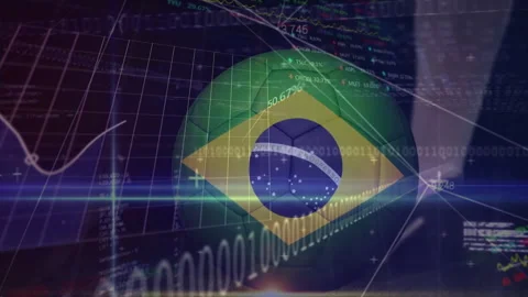 Dark grid starting Brazilian sphere fading in then rotating, updating data for Stock Footage 310659384