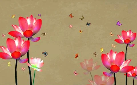 Dark grunge background, bright red water lilies, many colorful butterflies Stock Illustration