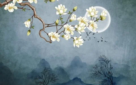 Dark grunge background, full moon, white magnolia flowers on a branch Stock Illustration