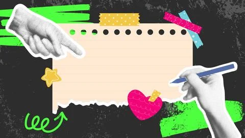 On dark grunge background, hand points to torn sheet of paper Stock Illustration
