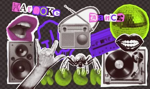 Dark grunge set with halftone collage elements and phrases on the theme of rock Stock Illustration