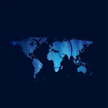 Dark grunge world map with round binary code elements abstract background Illustrazione stock