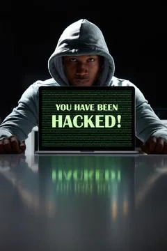 Dark, hacker and portrait of man with laptop for online fraud, cybersecurit.. Stock Photos