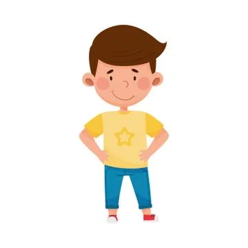 Dark-haired Boy Standing with His Hands on Hips and Smiling Vector Illustration Stock Illustration