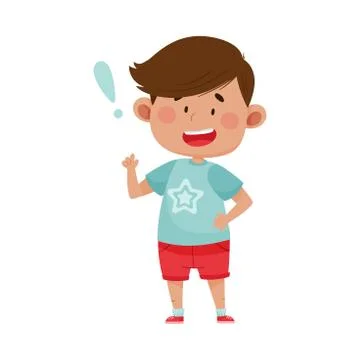 Dark Haired Boy Wearing Red Shorts Standing with Pointer Finger Up Showing Smart Stock Illustration