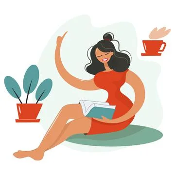Dark-haired brunette reading a clever book got a clever idea. The girl raises Stock Illustration