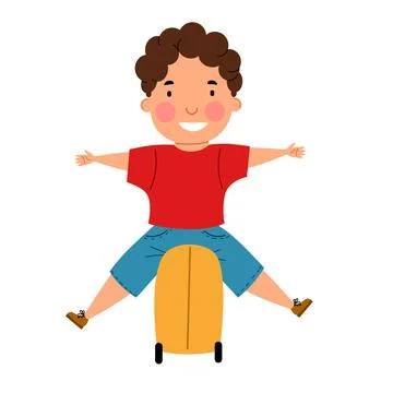 Dark-haired, curly-haired boy sits on a suitcase. Stock Illustration