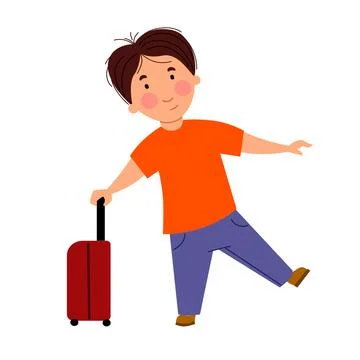 A dark-haired, cute boy is holding on to a suitcase. Stock Illustration